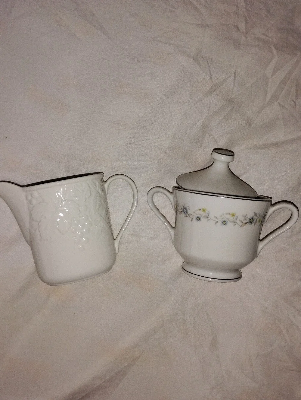 Mishka White Porcelain Creamer and Floral Trim Sugar Bowl with Silver Edge